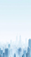 A misty skyline of a modern city, blending into the light blue sky.