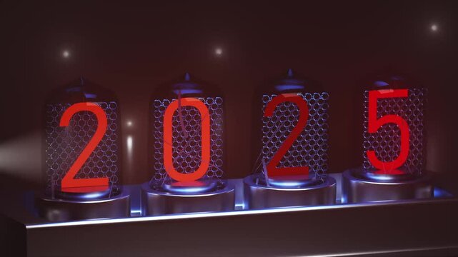 2025 Steampunk nixie tube clock. Nixie light bulbs, tubes with digits 2025. Vintage style Christmas illustration on a dark background. 3D illustration. 3d render