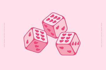 Illustration of three pink dice featuring heart symbols on each side, rendered in a minimalist, hand-drawn style. Perfect for themes of love, luck, and fun.