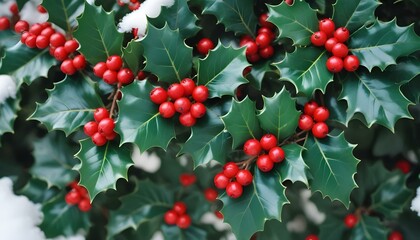Fototapeta premium Christmas background with holly leaves berry on snow background