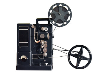 Naklejka premium Vintage film projector with film reels for showing films, film equipment, isolated on white background