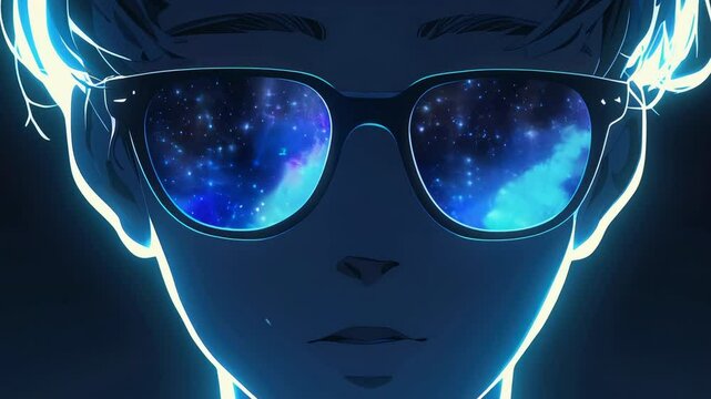 Anime male glowing silhouette wearing glasses reflecting starry galaxy on black background