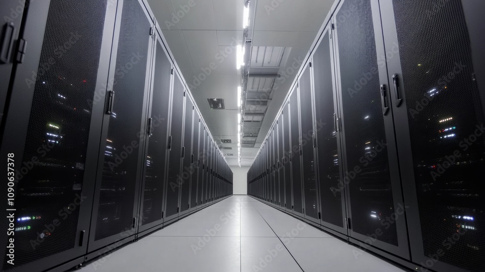 Poster a large room with many black computer servers