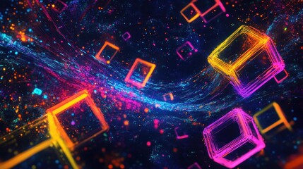 Here's a  and keyword list for your image.. Vibrant neon cubes and particles swirl in cosmic space.