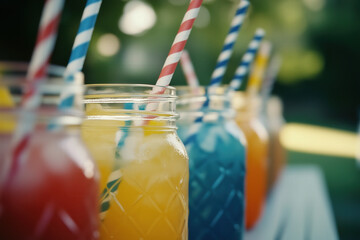 A cheerful gathering of iced drinks in mason jars, each with a different colored paper straw, celebrating the aesthetic and environmental value of biodegradable options