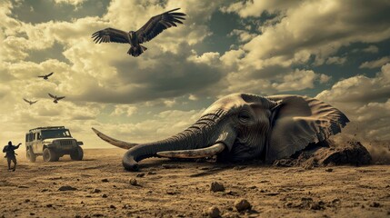 Fototapeta premium The tragic sight of an elephant lying lifeless on the dry savanna shot by hunters background AI generated image