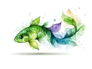 Vector watercolor fish on white background in green and blue colors