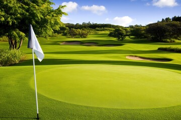 Obraz premium A golf green with a flag and bunkers in the background.