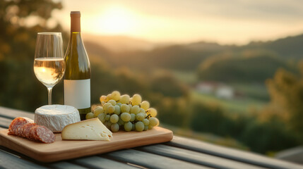 Obraz premium A table with a cheese board, white wine, sausage and grapes with an out of focus Tuscany background