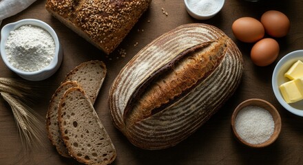 Artisan bread ingredients on wooden table