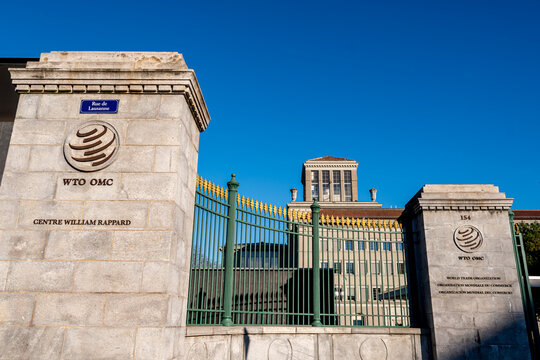 Gen&egrave;ve, Suisse - 15 novembre 2024: Vue ext&eacute;rieure du si&egrave;ge de l'Organisation mondiale du commerce (OMC ou WTO), organisation internationale en charge des r&egrave;gles r&eacute;gissant le commerce international