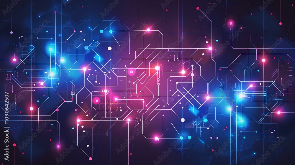 Poster a futuristic technology-themed circuit design featuring symmetrical patterns of glowing data connect
