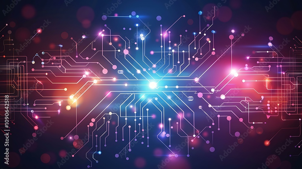 Poster a futuristic technology-themed circuit design featuring symmetrical patterns of glowing data connect
