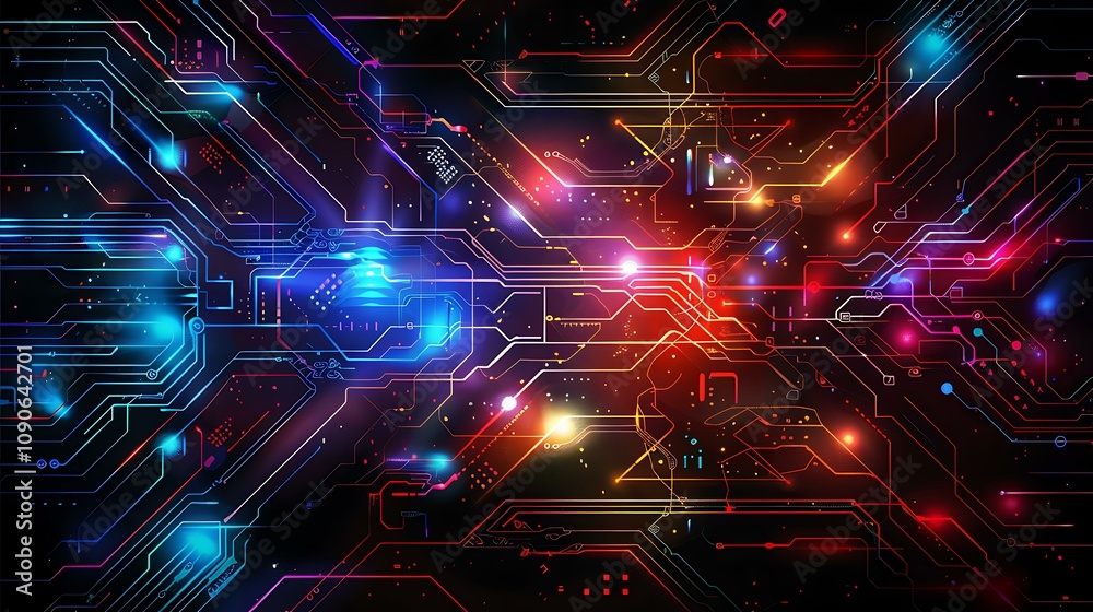 Poster a visually striking circuit technology background with layers of interconnected lines and nodes, enh