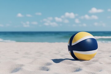 Yellow and blue beach volleyball on a sandy beach.