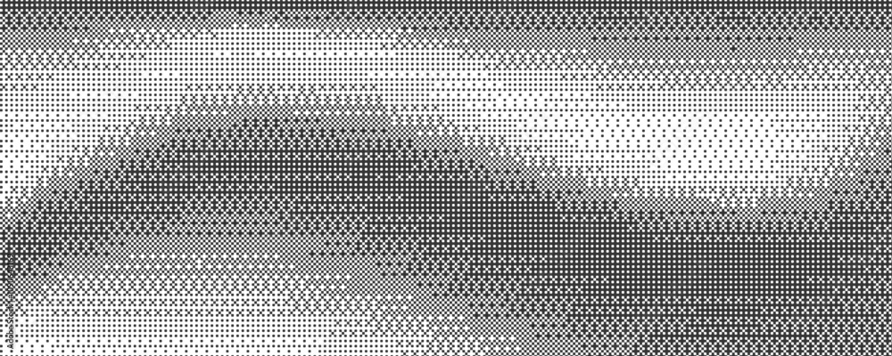 Poster Wavy bitmap pattern background with pixel. Gradient dotted halftone video dither effect. Vector retro game glitch abstract noise. Grunge vintage wallpaper