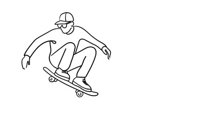 Young cool skateboarder skating in cap, continuous line art drawing isolated on white background. Extreme teenager sport. Vector illustration