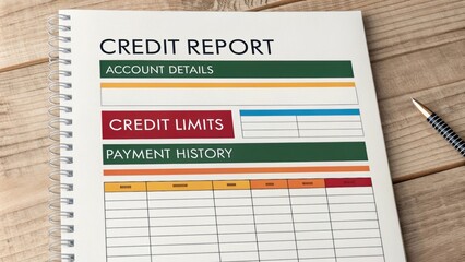 Credit Report Summary A printed layout of a credit report with sections highlighting account details credit limits and payment history.