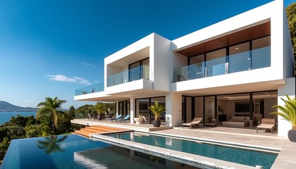 Fototapeta premium Modern luxury villa with large glass windows overlooking a tranquil pool on a sunny day