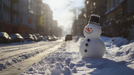 Obraz premium Urban Winter Magic: A Snowman Brightening the City Streets