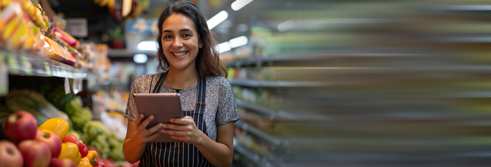 Obraz premium store owner using a digital tablet in her grocery store