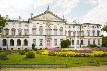 Baroque style Krasinski Palace seen from a French-style garden in summer in Warsaw, Poland