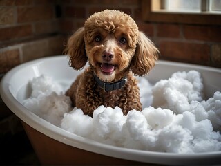 Happy poodle in a bath with foam. Pet hygiene. Bathing dogs
