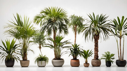 Indoor palm trees in pots. Collection of houseplants on a white background