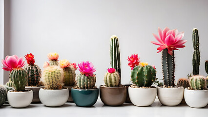 Blooming cacti in pots on a white background. Collection of cacti
