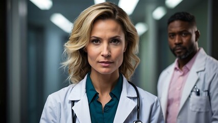 Portrait of a woman doctor with a stethoscope. Medicine and healthcare concept