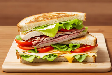 Sandwich with melting cheese and tomatoes on a wooden board. Close-up photo