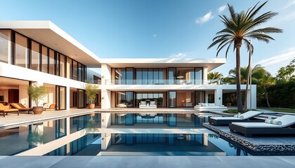 Fototapeta premium Modern luxury villa with large glass windows overlooking a tranquil pool on a sunny day