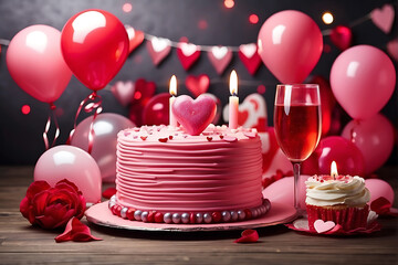 Cake, cupcake and glass of champagne for Valentine's Day. Pink air bubbles and balloons in the background