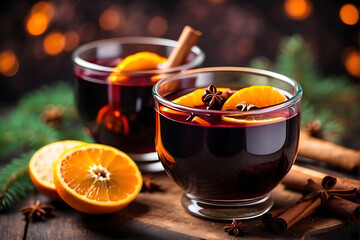 Winter hot drink mulled wine with orange slices, anise stars and cinnamon sticks. Cocktail on a wooden board. Christmas decorations