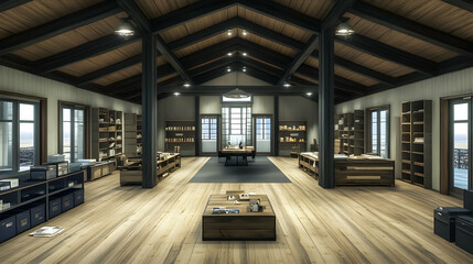 Fototapeta premium 3D Rendering of a Rustic Attic Office with Wooden Beams, Shelves, and Large Windows.