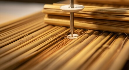 Close-up view of bamboo reeds processing with modern machinery