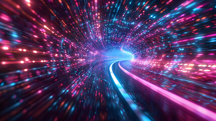Obraz premium 3D Render of a Neon-Lit Tunnel with Glowing Particles, Speed and Movement through Futuristic Digital Space