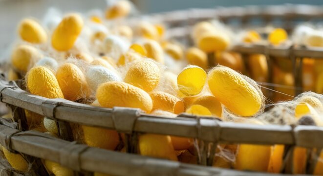 Silkworm cocoons in basket at silk farm