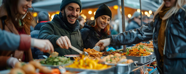 Joyful Friends Enjoying Delicious Street Food at a Vibrant Market
