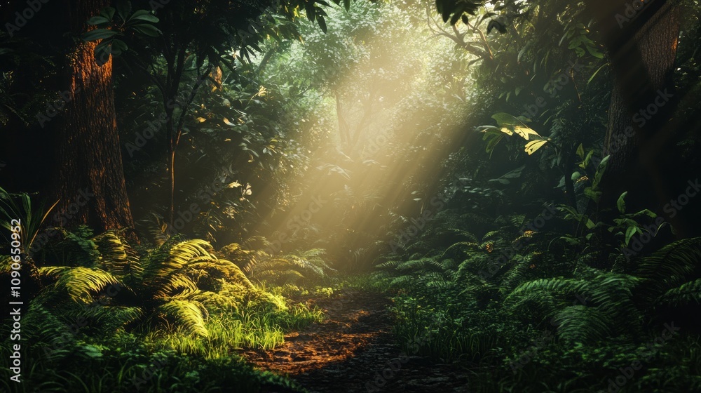 Poster a forest with sunlight shining through the trees