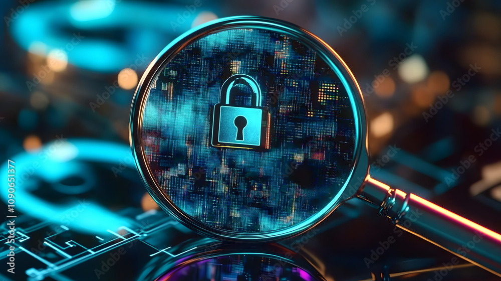 Poster magnifying glass focusing on padlock and user login interface for online security and protection top