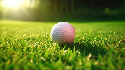 Obraz premium Close-Up of a Golf Ball Resting on Vibrant Green Grass Under Soft Sunlight, Capturing the Essence of a Perfect Day for Golfing and Leisure Activities Outdoors