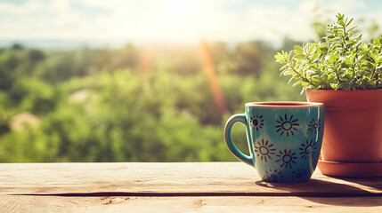 A Blue Ceramic Mug with Sun Patterns Resting on a Wooden Table with a Blurred Background of Green Trees and Bright Sunlight.