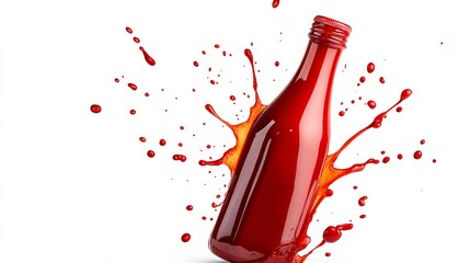 Fototapeta premium Bottle of red ketchup is splattered with red paint. The splatter is in the shape of a bottle, and the bottle is upside down. The splatter is very messy and chaotic, giving the impression of a wild