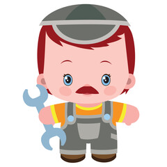 Cute worker with mustache in overalls and yellow t-shirt