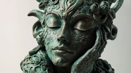 Fototapeta premium Bronze Sculpture of a Woman's Face with Intricate Detailing