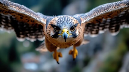 Obraz premium A stunning close-up of a hawk in flight, showcasing its powerful wings and piercing gaze, symbolizing freedom and grace in nature's beautiful landscape of the sky.