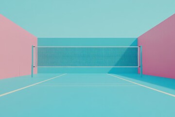 A blue and pink volleyball court with a net in the center.