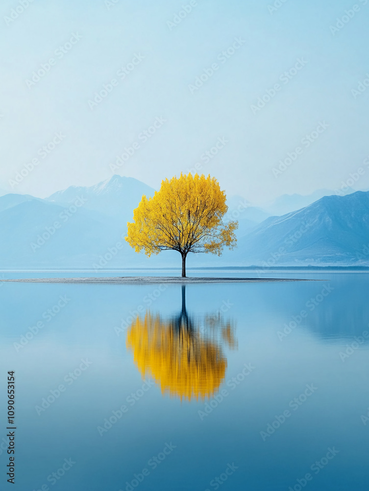 Poster a lone autumn tree stands on a small island in a tranquil lake, mountains in the background under a 