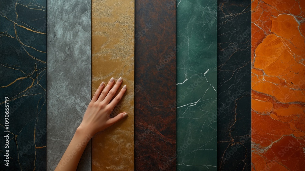 Wall mural a hand touches a selection of colorful marble-textured panels arranged in a gradient pattern